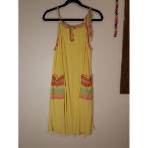 Vintage 70s Terry Cloth Beach Coverup Dress Yellow Striped Pockets Size 12